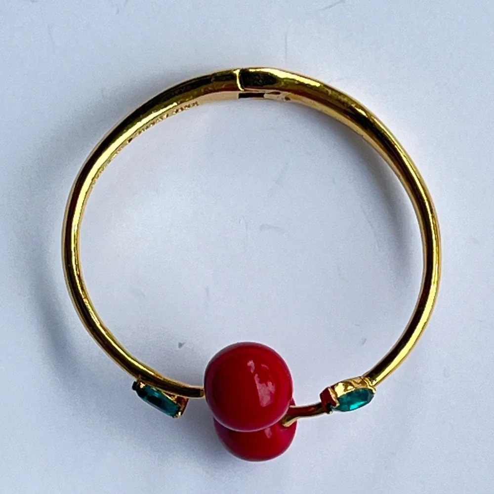 Kate Spade New York Fruity Cherry Bangle Bracelet Gold Crystal Designer Whimsy